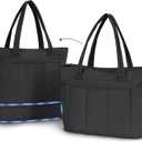 Wandering Nature Expandable Tote Bag for Women with Shoe Bag, Fits 40oz Tumbler for Carry-On Travel Work Gym (Black)