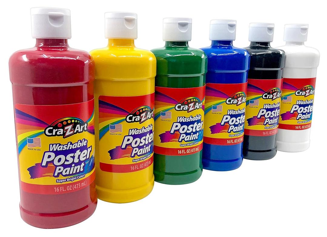 Cra-Z-Art Washable Poster Paint Bulk, Assorted Colors 16oz each bottle, 6 Count