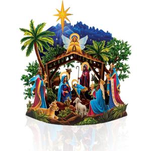 Freshcut Paper Pop Up Christmas Cards, 15 Inch Starlit Nativity, Pop Up 3D Greeting Cards, Paper Nativity Scene Decoration, Christmas Card, Holiday Card, Blank Notecard & Envelope