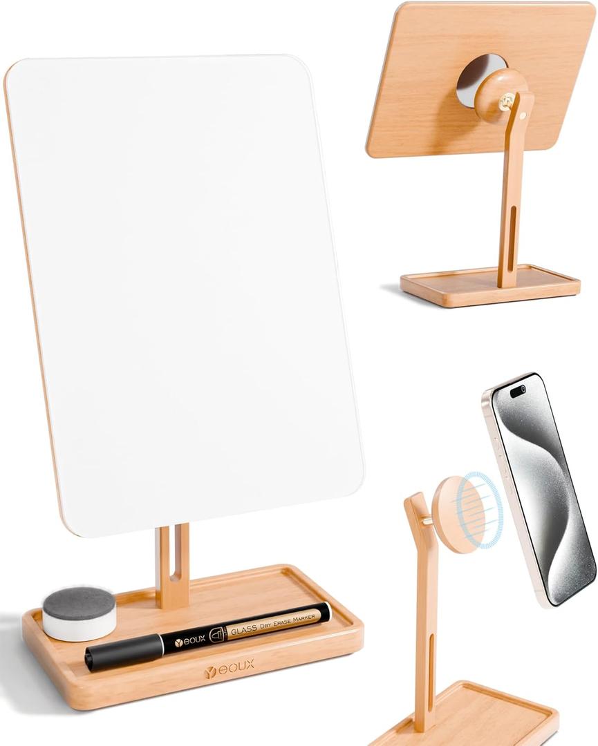 YEOUX Premium Desktop Glass Whiteboard & Magnetic Phone Stand 2-in-1 | 360 Adjustable | Solid Wood | Compatible with MagSafe, Small Dry Erase Board for Office Home Desk