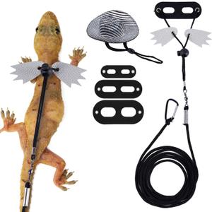 Bearded Dragon Lizard Leash Harness, Adjustable Lizard Leash Accessories Winged Bearded Dragon Rope with Hat and 3 Sizes Leather Harness for Lizard Chameleon Amphibian