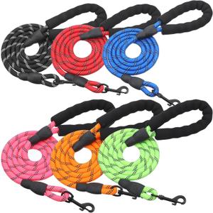 6 Pcs Heavy Duty Rope Dog Leash, 5 FT Nylon Pet Leash with Reflective Thread, Soft Padded Handle Thick Lead Leashs for Large Medium Dogs Small Puppy,0.4inch X 5 FT (18~120 lbs)