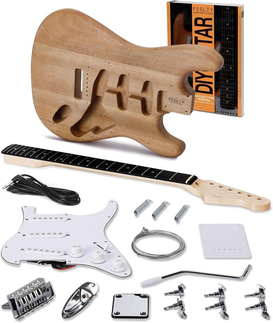 Fesley DIY Electric Guitar Kit with Mahogany Body/Maple Neck,6 Strings Electric Guitars,DIY Guitar Kit with Purpleheart Fretboard,SSS Pickups,ST Style Beginner Guitars, Build Your Own Guitar Kit,  ST-Natural
