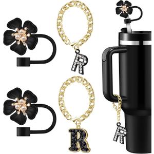 Straw Covers for Stanley Cup Accessories: Black Decorations for Stanley 30 oz & 40 oz Tumbler with Handle, Bling Letter Charms and Flower Silicone Straw Cap Topper, Trendy Stuff for Teen Girls & Women