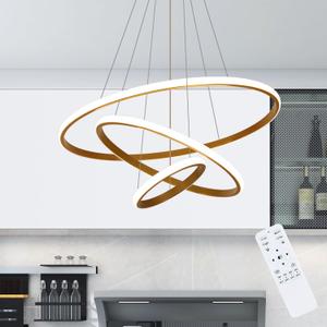 Modern LED Chandelier for High Ceiling, Dimmable 3-Ring Gold Pendant Light with Remote Flush Mount Ceiling Light for Dining Room Living Room Foyer Entryway Island Bedroom, 3000K-6500K