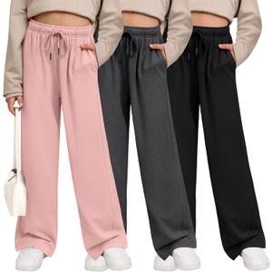 3 Pack Girls' Sweatpants Wide Leg Drawstring Casual Kids Joggers Open Bottom Loose Solid Teen Pants with Pockets (Large, Light Pink, Dark Gray, Black)