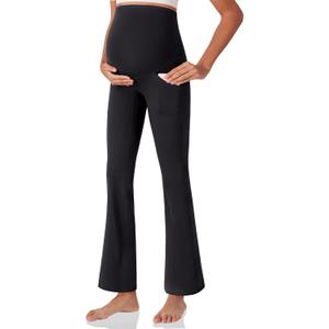 POSHDIVAH Women's Maternity Work Pants Yoga Lounge Stretchy Bootcut Flare Pants Pregnancy Dress Trousers for Business Casual Black, Large