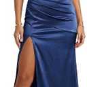 Women's Satin Off Shoulder Ruched Slit Formal Maxi Dress, XL  