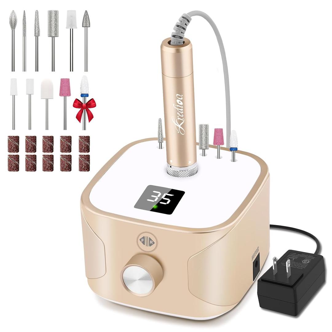 Kredioo Nail Drill Professional Electric 35000RPM Nail Drill Machine Kit Remove Gel Nails Acrylic Polish Thick Toe with 11 Sanding Bits E File Set (Gold)