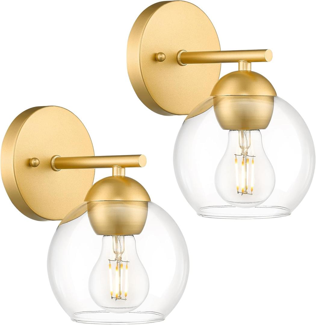 Emak 2 Light Bathroom Vanity Light, Modern Gold Wall Sconce with Clear Glass Shade, Globe Wall Lights for Living Room, Pictures, Bedroom, Bathroom, Hallway, WS114-GD-2PK