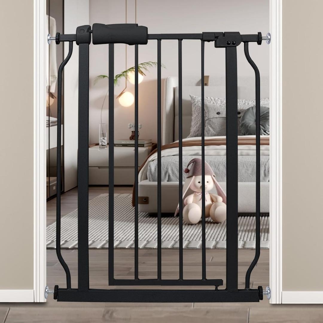 Narrow Baby Gates for Stairs Doorways Auto Close Tension Black Metal Child Pet Safety Gates with Pressure Mount 24-29 Inch Wide