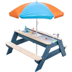 Kids 3-in-1 Sand & Water Table, Wood Outdoor Convertible Picnic Table w/Umbrella, 2 Trays, Removable Top with Faucet, Picnic Table for Outdoor Playset (Blue/Orange)