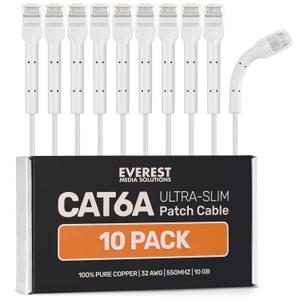 Everest Ultra Slim Cat6a Ethernet Patch Cables 0.5ft (10-Pack) White - 6 Inch 10GB Cat 6a Patch Cable - Bendable, Flexible & Thin Ethernet Cable - 32AWG 550MHZ Cat6a Cables - 100% Copper Wires