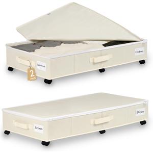 Vincona Under Bed Storage with Wheels, 2 Pack Under Bed Storage Containers with Label Holders for Clothes, Shoes and Blankets, Rolling Underbed Shoe Organizer with Cover, Beige (35.43x15.7x7.28 in)