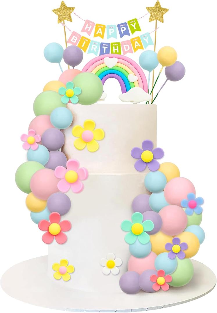 39 Pcs Pastel Balls Cake Toppers Daisy Flower Cupcake Decoration Boho Rainbow Cake Topper with Happy Birthday Banner for 70s Groovy Hippie Party Supplies