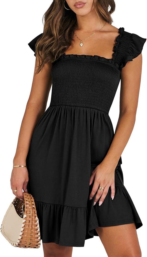 Womens Summer Casual Sleeveless Square Neck Smocked Ruffle Backless Boho Mini Dress 2024 Trendy Short Sundress (Medium, Black)