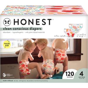 The Honest Company Clean Conscious Diapers | Plant-Based, Sustainable | Just Peachy + Flower Power | Super Club Box, Size 4 (22-37 lbs), 120 Count