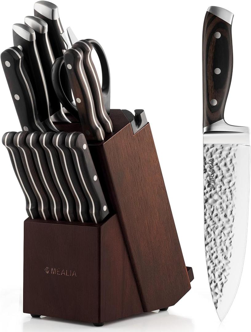Kitchen Knife Set with Block, 15-Piece Professional Stainless Steel Sharp Knives Set for Kitchen with Built-in Sharpener, Ergonomic Wooden Handle, Full Tang Forged Triple Rivet, Boxed Knife Set
