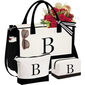 YOOLIFE Mothers Day Gifts - Initial Canvas Tote Bag & Makeup Bag, Birthday Gifts for Women Mom Sister Friends