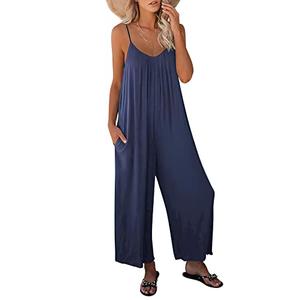 ANRABESS Women Jumpsuits 2026 Casual Sleeveless Spaghetti Strap Boho Wide Leg Rompers Summer Outfits Beach Vacation Clothes Navyblue Small