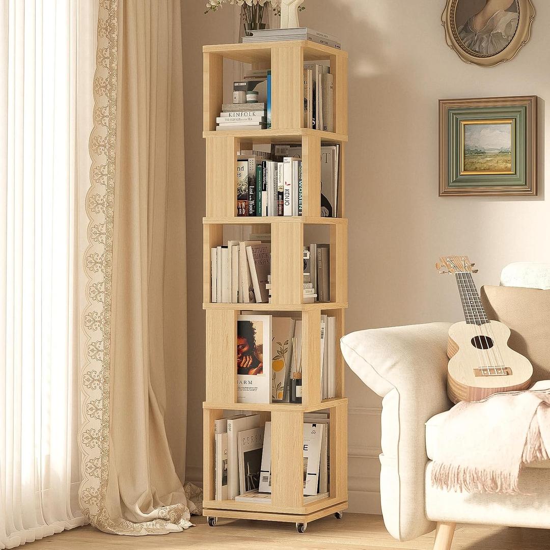 68-Inch 5 Tier Solid Wood Rotating Bookshelf Tower on Wheels, 360° Upgrade Spinning Book Shelf, Revolving Bookcase Organizer, Swivel Bookshelves for Small Spaces, Corner, Bedroom, Kids Room, Oak