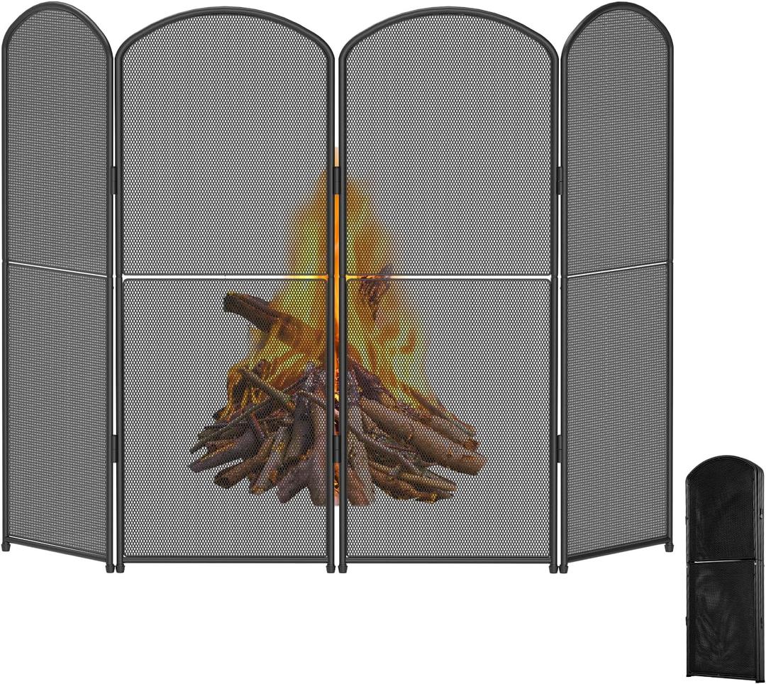 4-Panel Fireplace Screen, 47.8" W x 31" H Foldable Wrought Iron Fire Spark Guard, Decorative Metal Mesh Fireplace Cover for Living Room, Fire Cover for Baby,Pet Proof Safety Gate Black