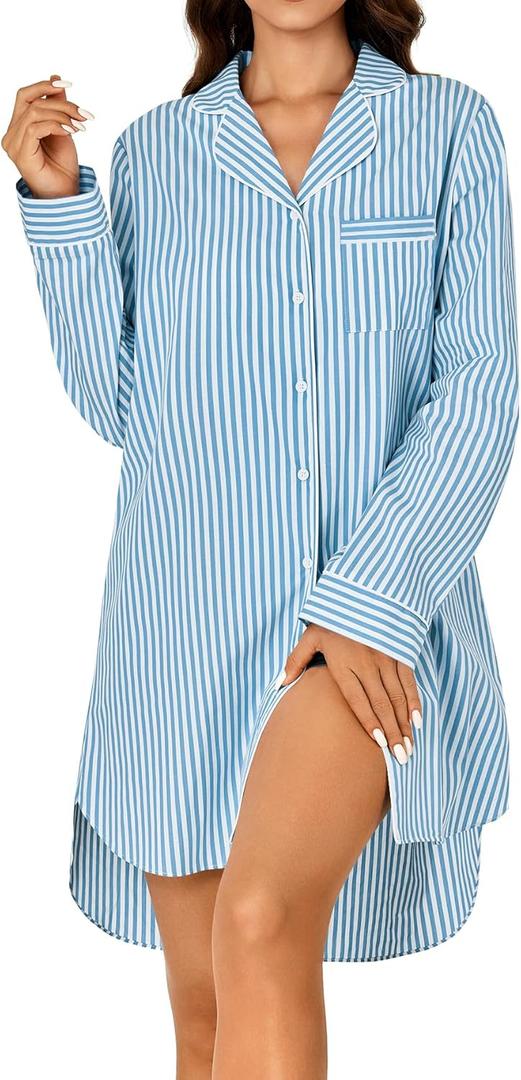 Rooscier Women's Striped Nightgown Collar V Neck Long Sleeve Sleep Shirts Nightdress Button Down Nightwear (Blue)