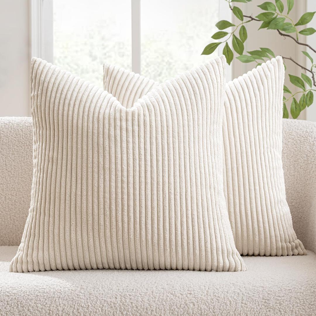 MIULEE Summer Pack of 2 Corduroy Pillow Covers Soft Soild Cushion Cases Decorative Square Throw Pillow Covers Cream White Pillowcases for Sofa Bedroom Car 20 x 20 Inch 50 x 50 Cm
