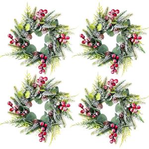 4 Pcs Christmas Mini Wreaths Candle Rings Wreath Artificial Xmas Cabinet Decoration Snowies Norfolk Pine Garland Red Berry Pinecones Advent Winter Greenery Holiday Decor Accent for Table Centerpiece