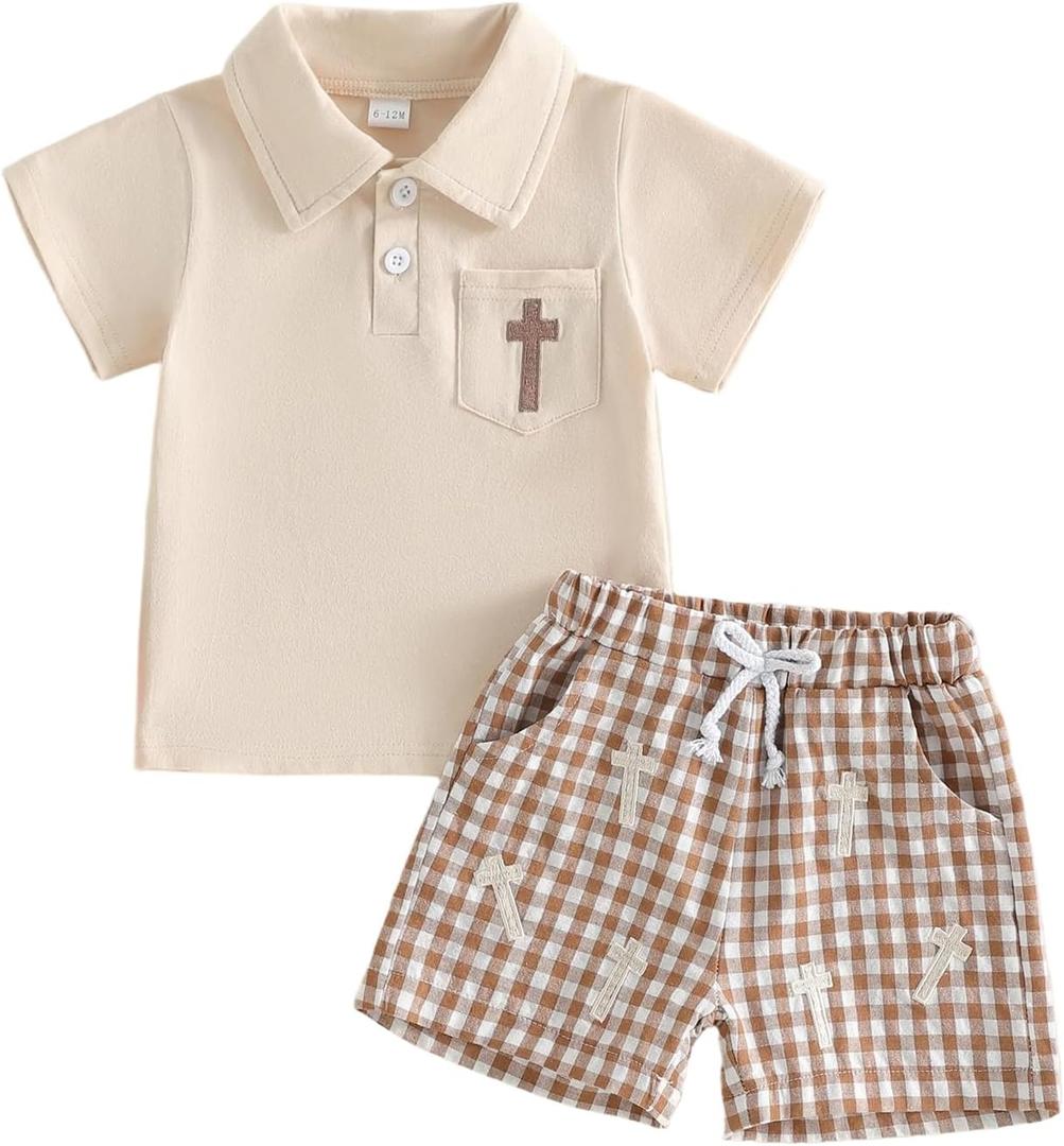 Toddler Baby Boy 4th Of July Outfit Summer Clothes American Flag Short Sleeve Lapel Shirt Plaid Shorts Set (2-3T, Khaki Cross)