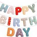 Mindsoft Pre-strung Happy Birthday Banner Vintage Floral Birthday Hanging Garland Decor Reusable Cotton Fabric Colorful Sign for Colorful Party Backdrop Photo Prop Decorations