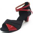 Women's Latin Salsa Dance Shoes,Black Satin Ballroom Heels,Cross-Strap Professional Practicing Shoes (7, Red 1 Inch)