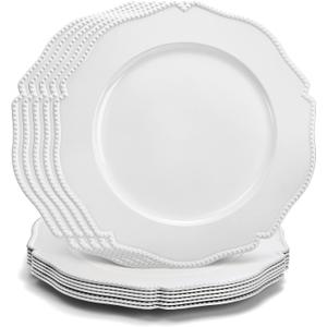 Foraineam 12 Pack White Charger Plates with Beaded Rim, 13 Inch Round Plastic Dinner Chargers, Scalloped Serving Plates for Table Settings Wedding Party Catering Event Decoration