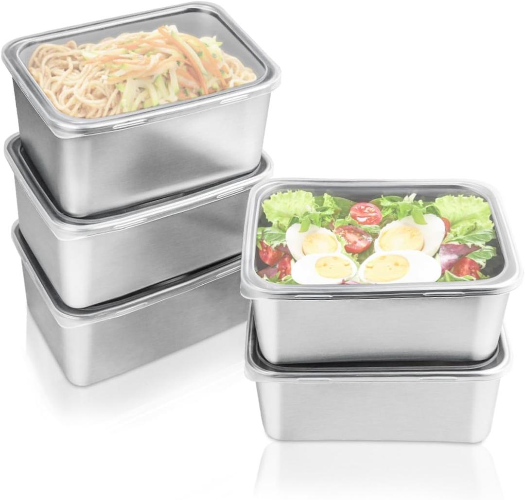 5 pcs Stainless Steel Food Storage Containers With Lids Airtight, Portable Freezer Storage Containers, Leak Proof Meal Prep Containers Reusable, Refrigerator Fresh-Keeping Box (Square)
