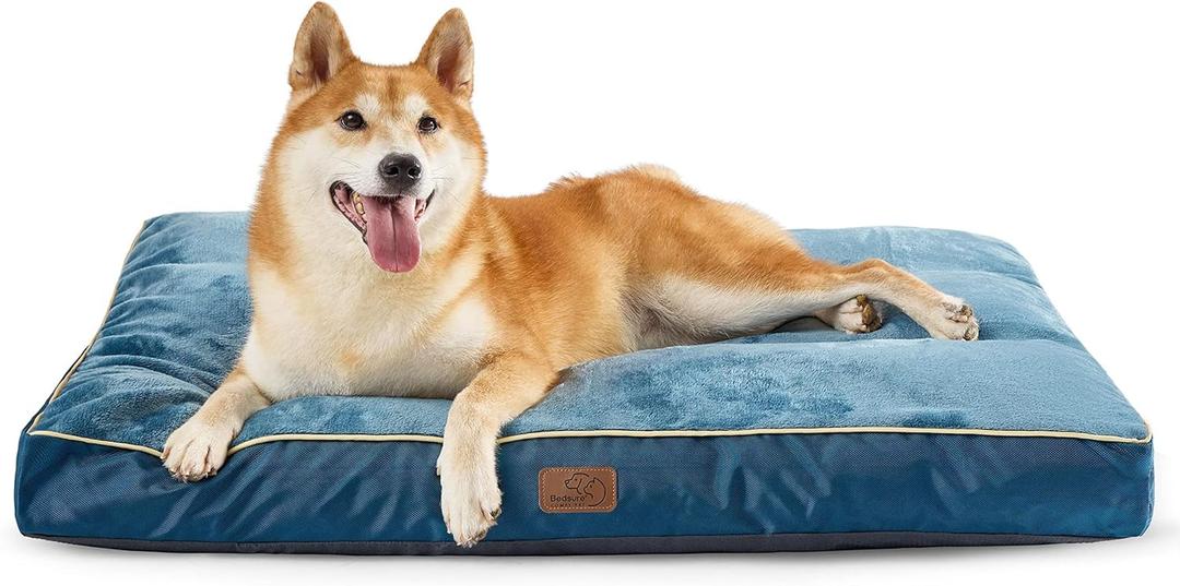 Bedsure Washable Dog Beds Large Sized Dog - 3 Inch Thicken Up to 80lbs Pet Mat Pillows with Removable Washable Cover, Blue