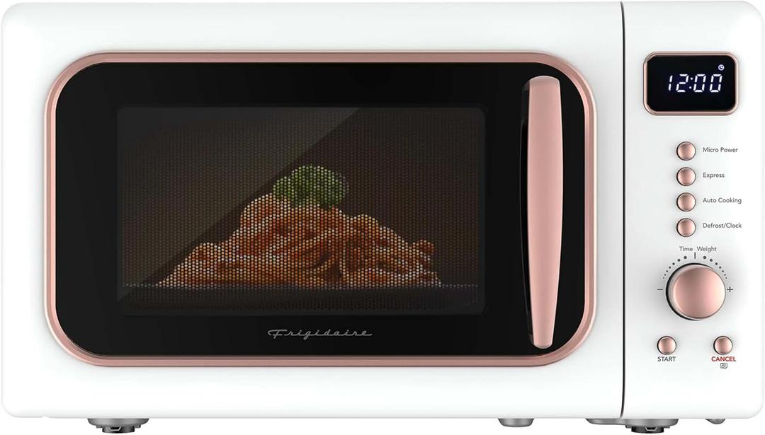 Frigidaire, 0.7 Cu. Ft. Retro Countertop Microwave Oven, 700W Compact Microwave with 8 Auto Cook Menus, Auto Defrost, 5 Power Levels, LED Display, Glass Turntable, White-RoseGold
