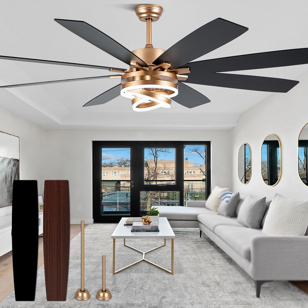 Gold Ceiling Fans with Lights, 72 Inch Large Modern Ceiling Fan with Remote Control for Living Room Kitchen, 3 CCT, 6 Speed Reversible DC Motor, Dual Finish