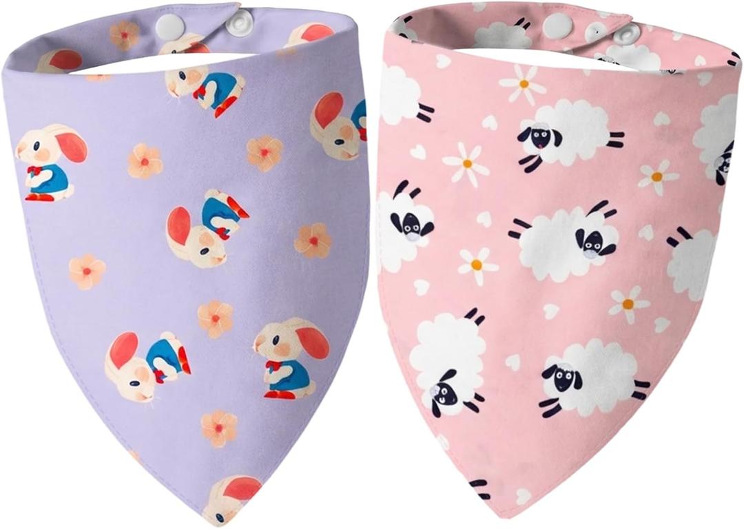2 x Dimidium 2-Pack Festive Easter Dog Bandanas - Cute Purple Bunny & Pink Lamb Floral Design, Snap Button Adjustable Pet Scarf for Easter & Everyday Fun for Medium & Large Breeds (30-75lbs)