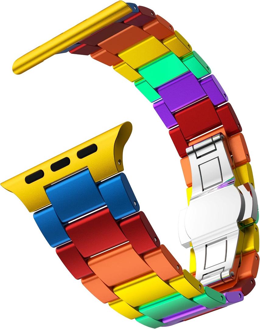 Colorful Band Compatible with Apple Watch Band, Women Men, Ultra Thin Aluminum Metal Band Replacement Strap for Watch, Size: 42mm/44mm/45mm/46mm/49mm, Rainbow