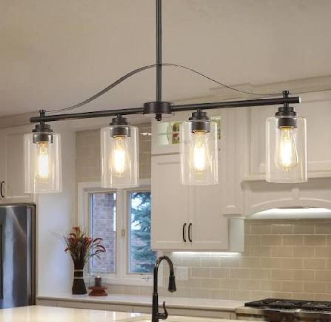 Huong Son Island Light for Kitchen, 4-Light Linear Chandelier Pendant Lighting for Kitchen Island, Black and Gold Dining Room Light Fixture Over Table with Clear Glass Shades
