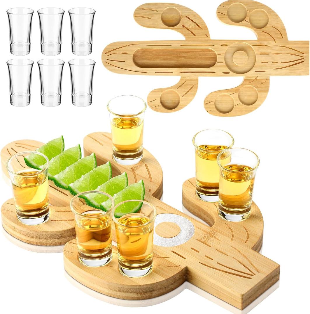 Mexican Tequila Shot Board with Glasses Set Fiesta Wooden Serving Tray with 6 Shot Glasses and Salt Lemon Rim Mexican Tequila Gifts for Cinco De Mayo Holiday Liquor Party(Cactus)