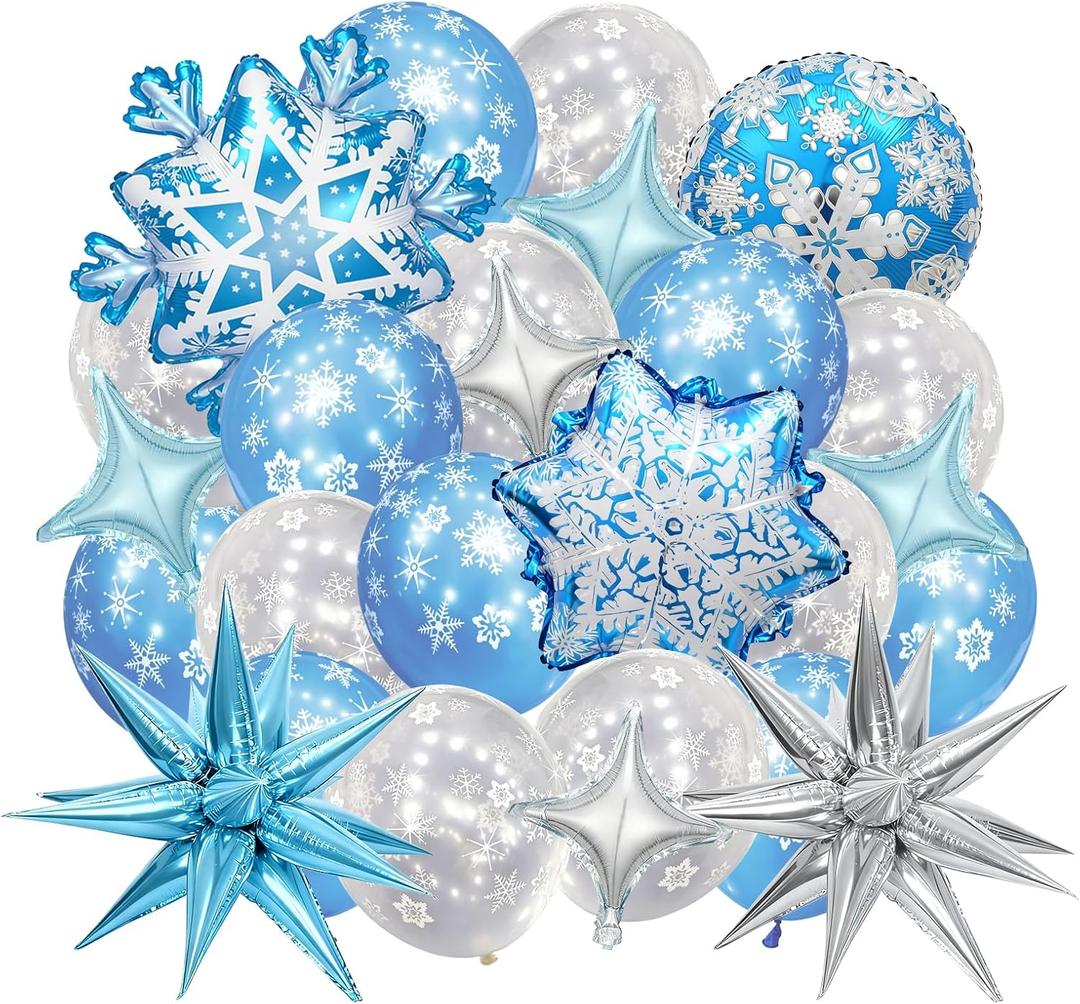36Pcs Winter Party Balloon Decorations, Blue Silver Star Snowflake Foil Balloons Snowflake Latex Balloons for Winter Wonderland Xmas Holidays Birthday Party Decorations