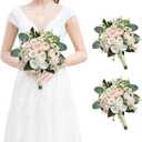 Bridesmaids Bouquets for Wedding - Set of 2 Realistic Artificial Rose Eucalyptus Silk Bride Flowers for Bridal Shower Ceremony Decorations - Pink