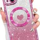 Fiyart Designed for iPhone 15 Case,Compatible with MagSafe Love Hearts Plating Soft Slim TPU Sparkle Rhinestone Glitter Shockproof Phone Bumper for Women Girls 6.1"-Hot Pink