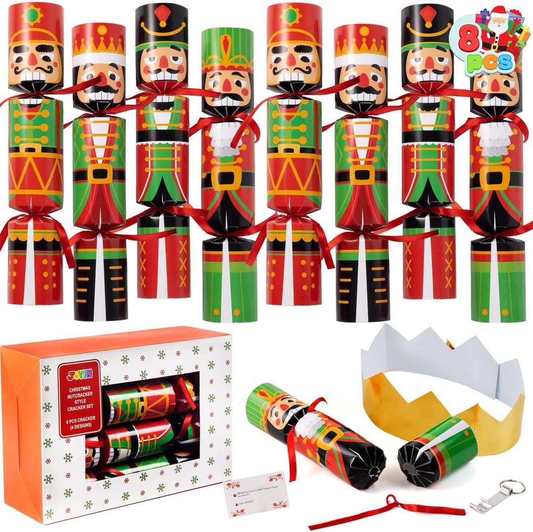 JOYIN 8 Pcs Christmas No-Snap Party Favor, Xmas Cute Design Funny Gifts for Kids Includes Party Hat, Jokes & Gifts, Christmas Table Decorations for Dinner Traditions Party Supplies (Style: Nutcrackers)