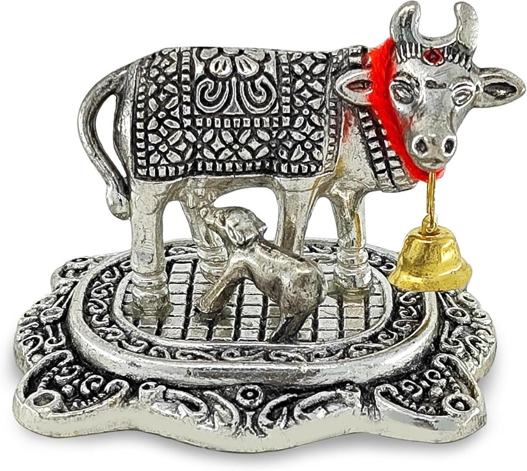 NOBILITY Pooja Items Diwali Gift Silver Antique Small Kamdhenu Cow with Calf Metal Statue Decorative Item Showpiece for Home Office Decoration Wedding Return Gifts (Pack of 1)