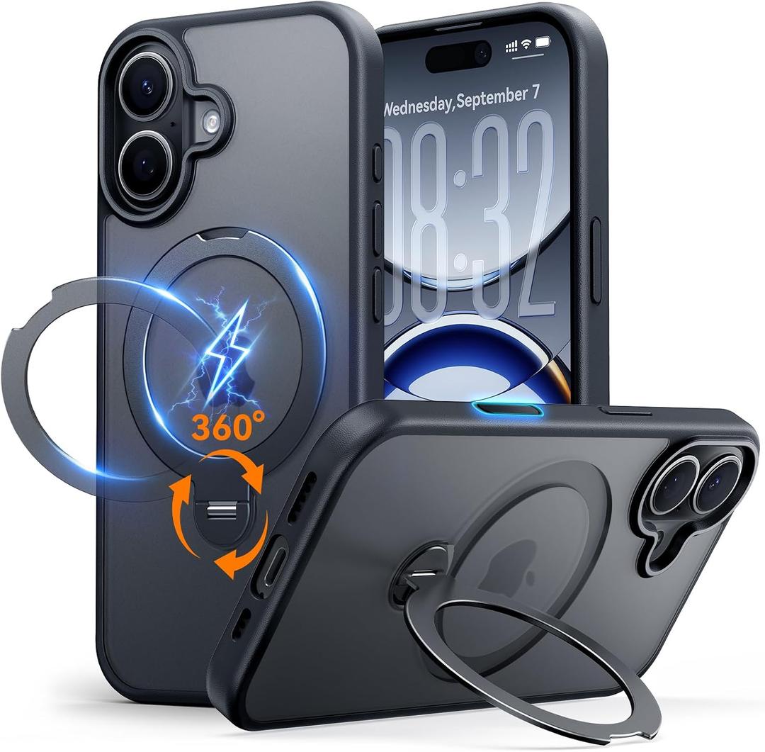 for iPhone 16 Case: with 360 Spin Magnetic Stand, Camera Control Button, Fit for MagSafe, Military Drop Protection, Protective Slim Phone Cover for iPhone16 with Ring Kickstand, 6.1", Black