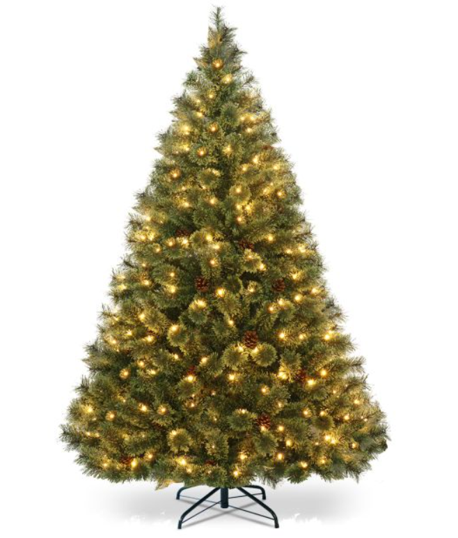 6 ft. Pre-Lit PVC Artificial Carolina Pine Tree Flocked Cones Hinged with LED Lights