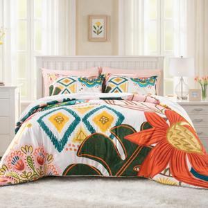 Tyrot Boho Floral King Comforter Set - 3 Piece Farmhouse Botanical Bedding Comforter Sets for All Season Soft Lightweight Mid Century Modern Bed Set, (1 Reversible Comforter and 2 Pillow Shams