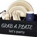 Paper Plate Holder, Utensil Caddy Organizer, Wood Paper Plate Dispenser, Silverware Caddy Holder, and Disposable Coffee Bar Accessories Box for Kitchen Counter, Party, Camping, Picnic (4 compartment)